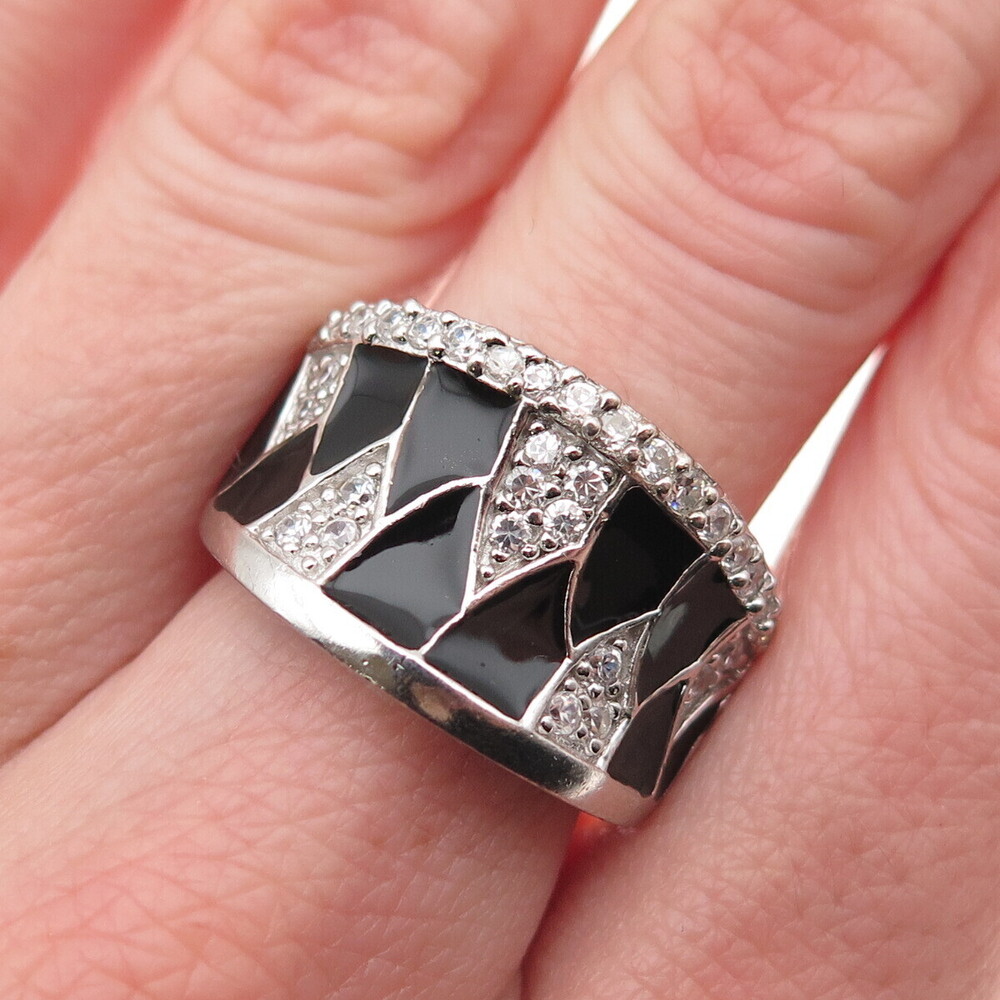 925 Sterling Silver Enamel Round-Cut C Z Modernist Ring Size 7